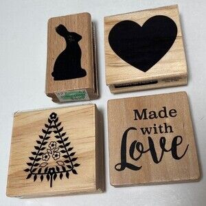 4 New Rubber-stamps with wooden Bases, Tree, Heart, Bunny, “Made With Love”
